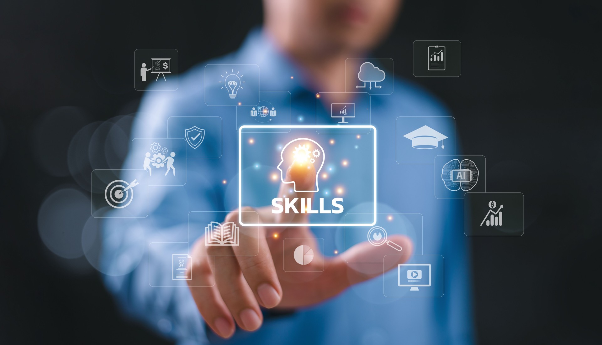 Soft skill individual development concept. Teamwork study up new ability, business technology evolution. HR learning interpersonal. Student hand touch digital icon. Competency training education