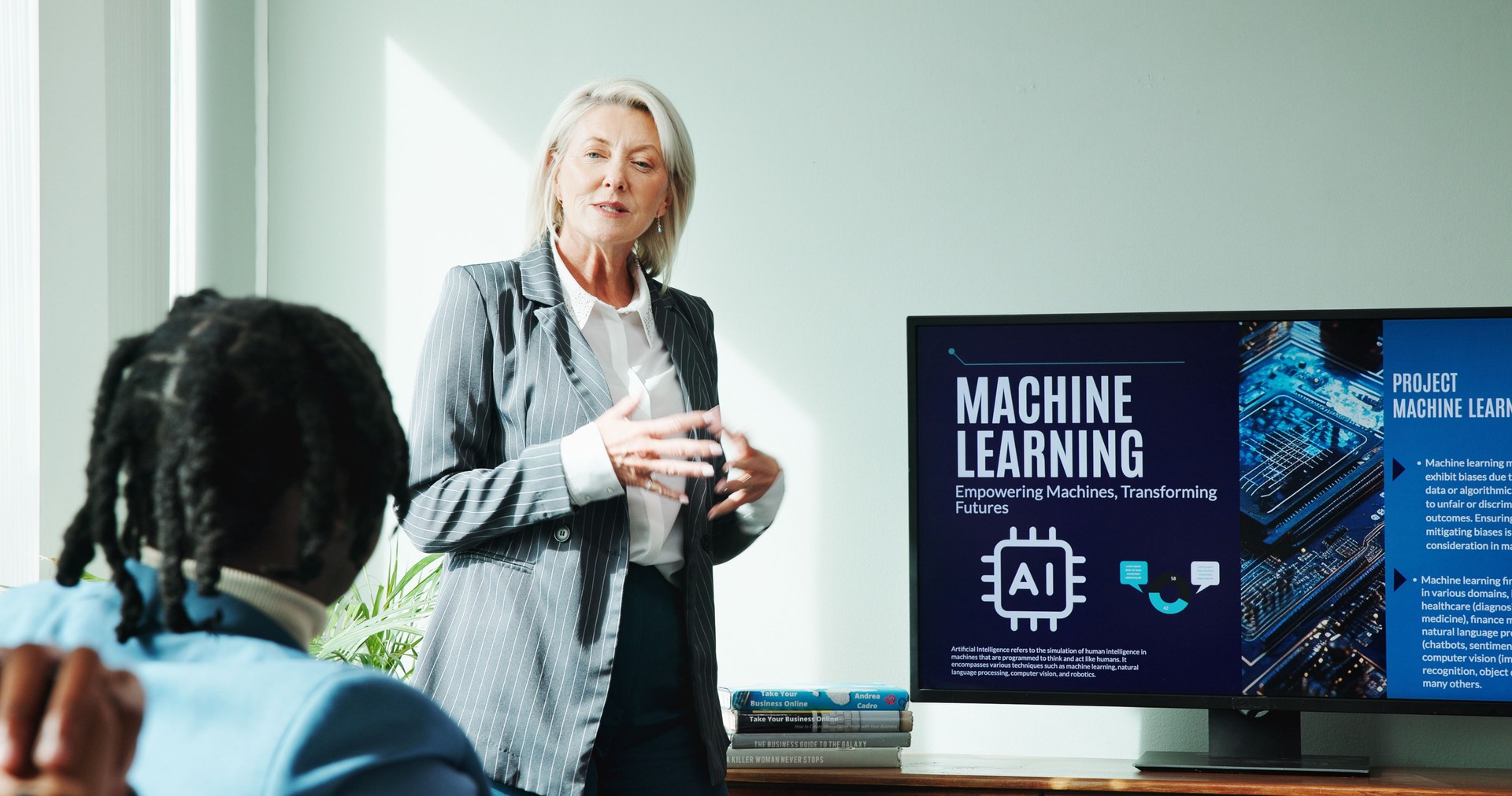 Woman, speech and screen for meeting with workshop, presentation and employee engagement. Data analyst, seminar and explain with speaker, AI training and briefing for advice for machine learning