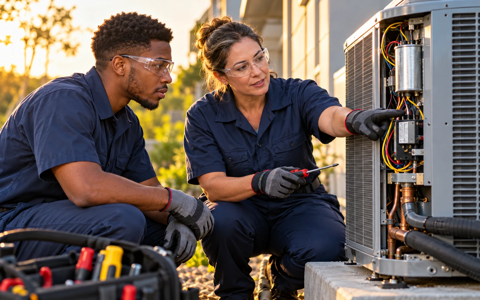 Illustrative HVAC training scene with a trainee and mentor