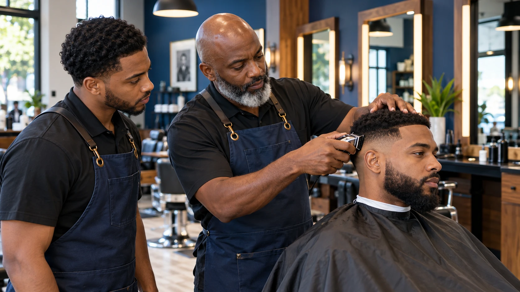 Illustrative barber mentor supervising an adult apprentice