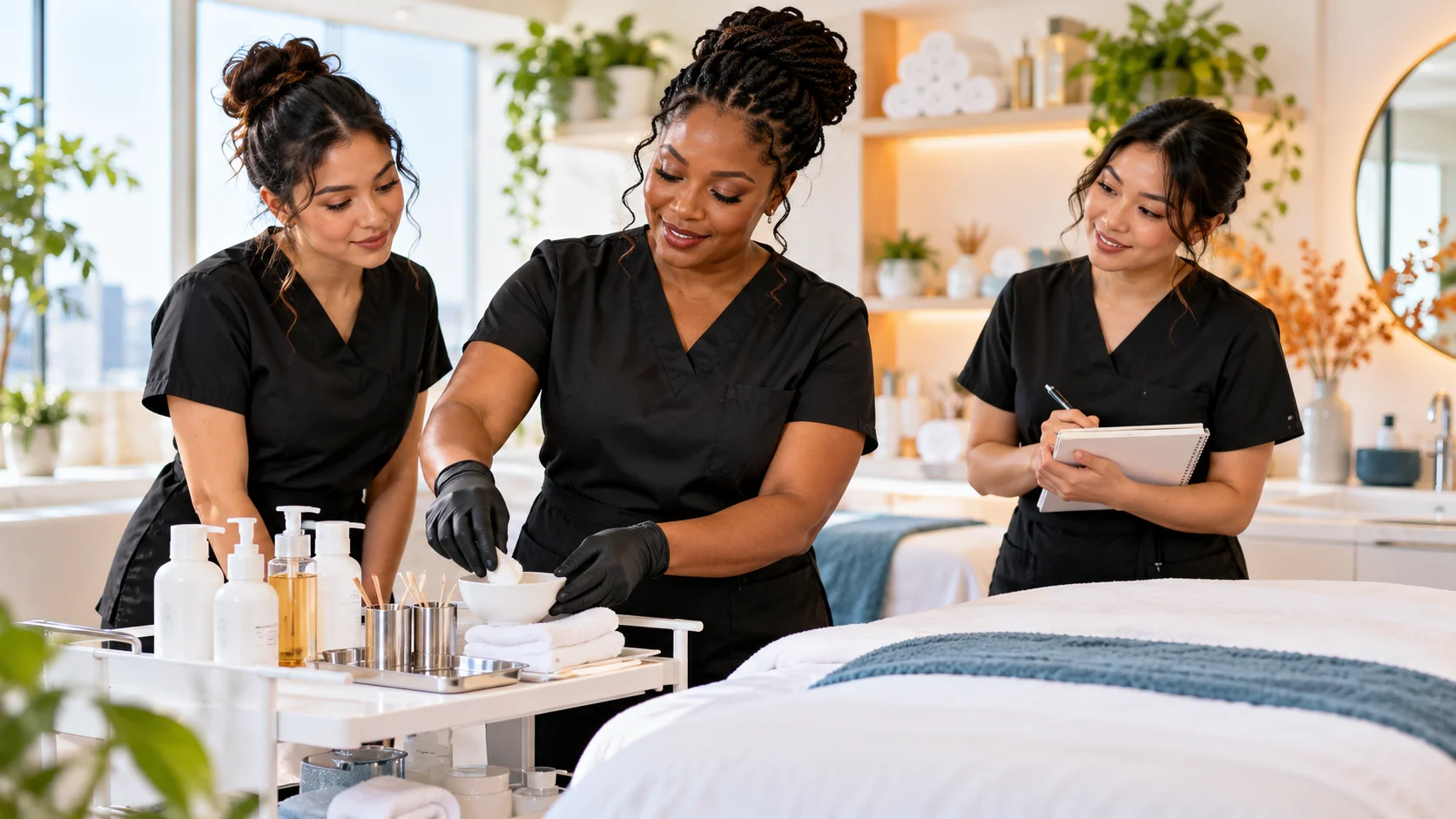 Illustrative esthetics instructor mentoring adult apprentices
