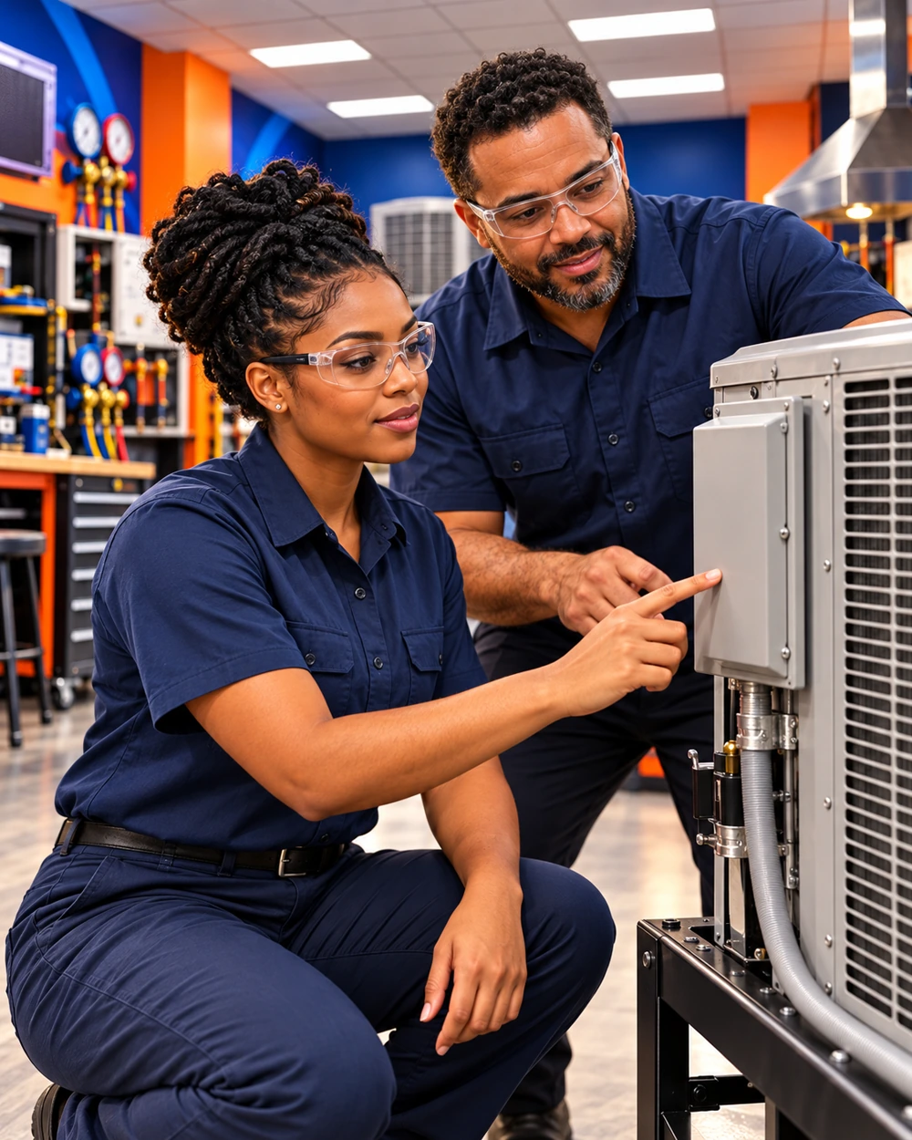 Illustrative learner and instructor examining an air-conditioning trainer