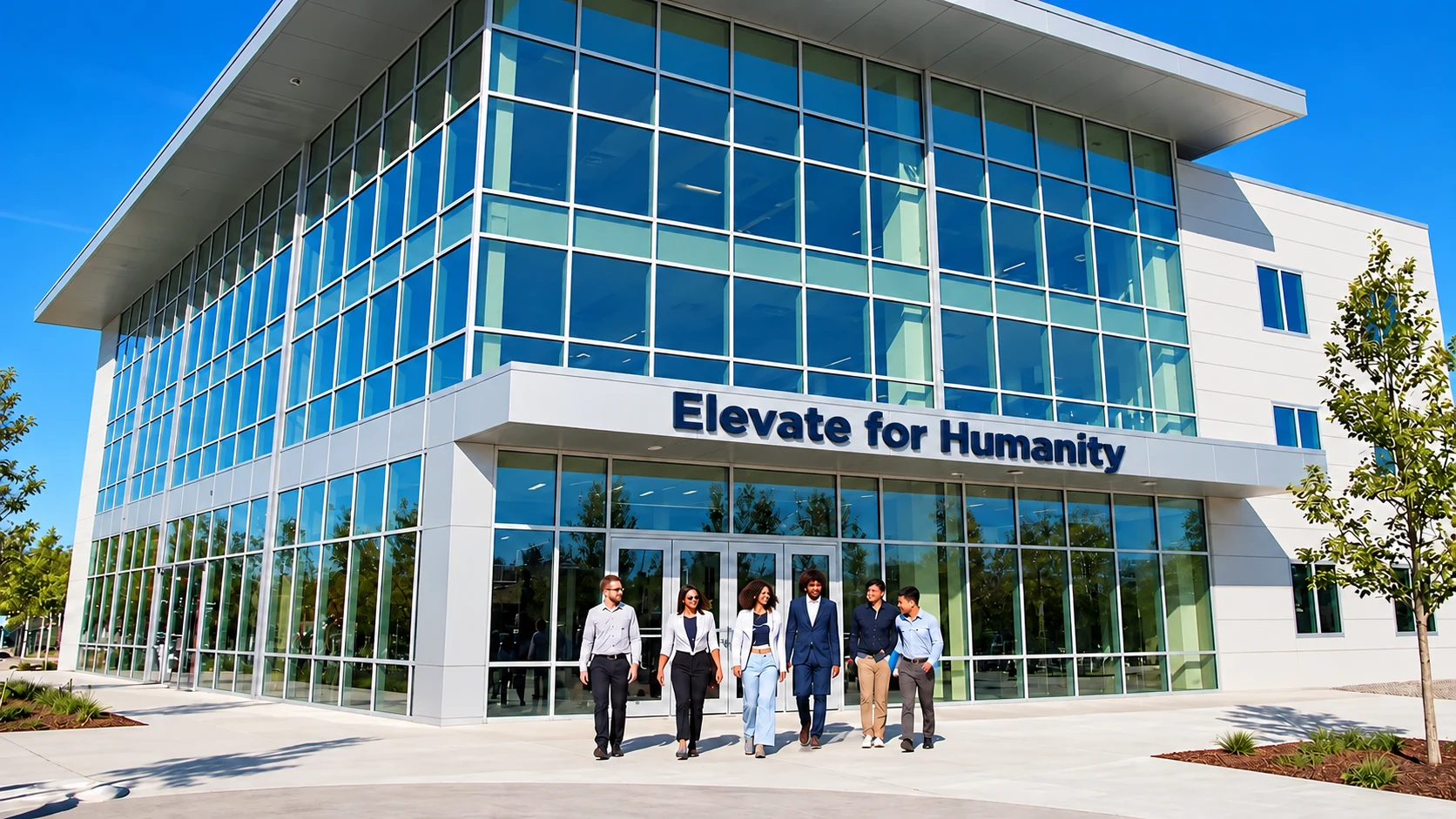 Illustrative Elevate workforce institute exterior with adult professionals at the entrance