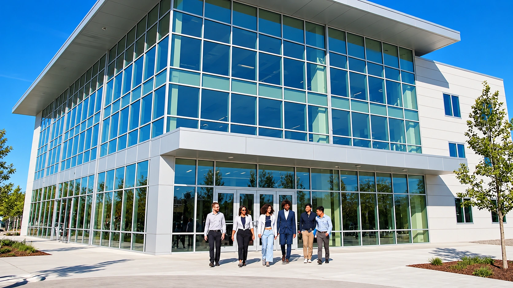 Illustrative Elevate workforce institute exterior with adult professionals at the entrance